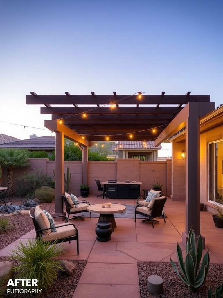 The same backyard transformed with a modern pergola patio cover, furniture and shade