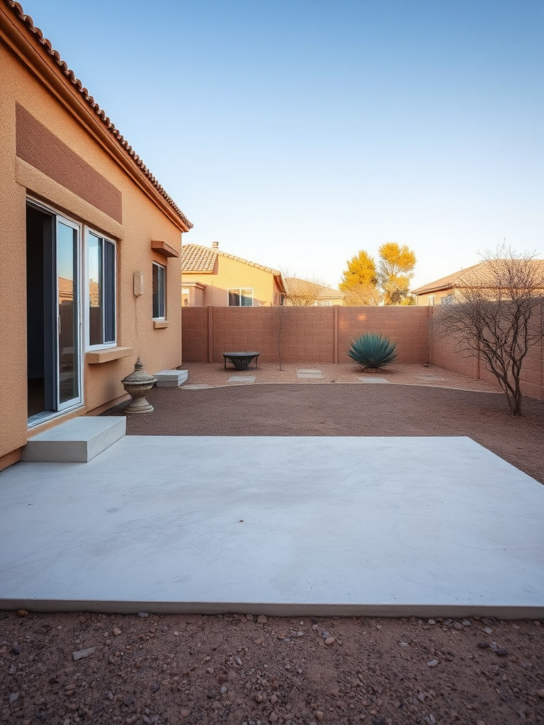 Bare sun-baked concrete patio slab in an Arizona backyard before adding shade