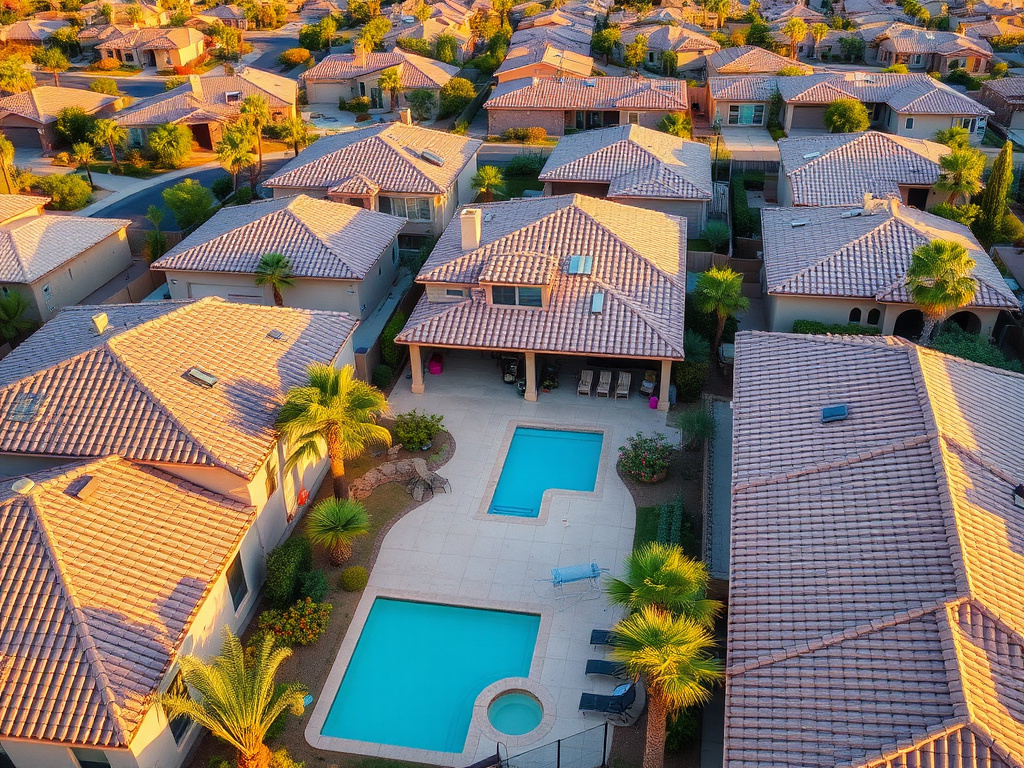 Aerial view of a Chandler, Arizona neighborhood of homes with backyard patios and pools